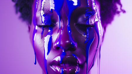 Close up portrait of young african american woman with paint on her face.の素材
