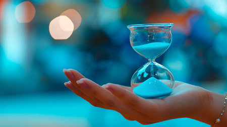 Woman hand holding hourglass with sand on blurred background. Time management conceptの素材