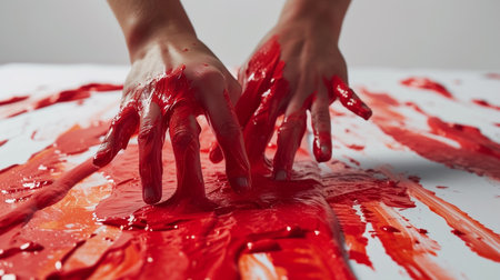 Close-up of female hands with red paint splashing on a white backgroundの素材