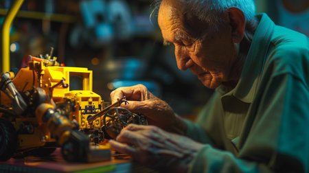 Old man repairing a robot in his workshop. Selective focus.の素材
