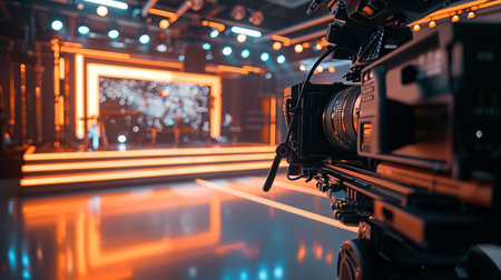 Professional video camera on the stage. Filmmaking equipment. Live streaming.の素材