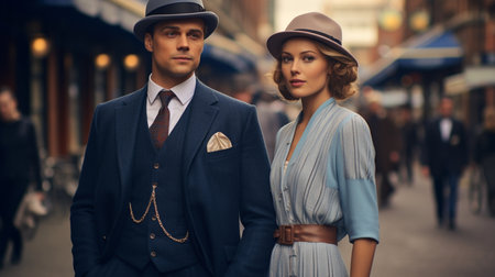 Elegant young couple walking in the city. Retro style.の素材