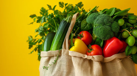 Shopping bag full of fresh vegetables and fruits on yellow background.の素材