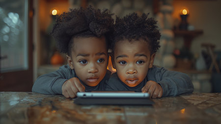 Cute african american boy and girl using tablet at homeの素材