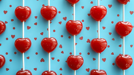Red lollipops with hearts on blue background, top viewの素材