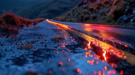 Driving on a mountain road at sunset. 3D rendering.の素材