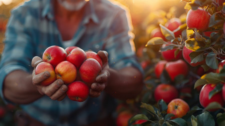 Farmer with freshly harvested red apples in the orchard. Selective focus.の素材