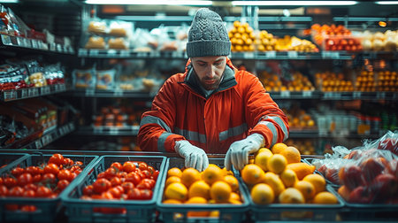 Man in a red jacket and hat is choosing fruits in the supermarket.の素材
