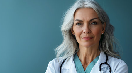 Portrait of mature female doctor with stethoscope on blue backgroundの素材