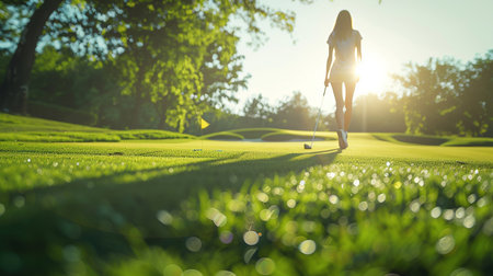Golfer on golf course in the morning. Young woman playing golfの素材