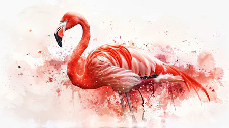 Pink flamingo on watercolor background. Watercolor painting illustration.の素材