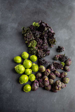 Flower sprouts and brussel sprout on dark board, top view, closeupの写真素材