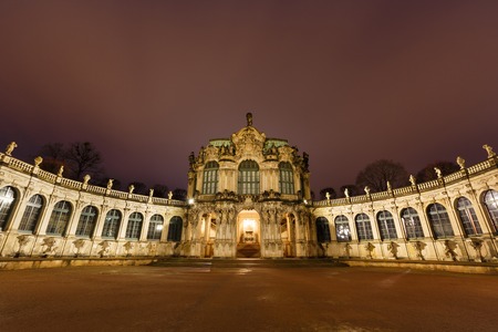 Dresden Zwinger palace panorama with illumination at night, Germanyのeditorial素材