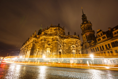 Night view of Hofkirche in Dresden, Germanyの写真素材