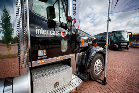 Mikolajki, Masuria, Poland, June 12 2014: Exhibition of trucks at the hotel Golebiewski, the Masurian Lakes district in Northern Polandのeditorial素材