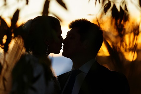 Romantic  silhouette of wedding couple at sunsetの写真素材