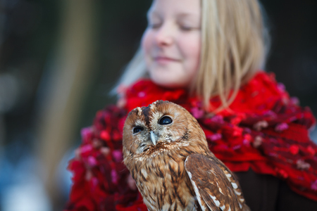 Cute girl in red scarf standing with little owl in a parkの写真素材