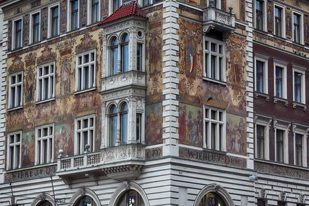 Painted facade of house in Prague, Czech Republicの写真素材