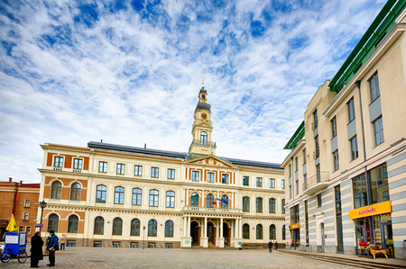 Riga, Latvia, March 09 2014: View of City hall and the main square in old cityのeditorial素材