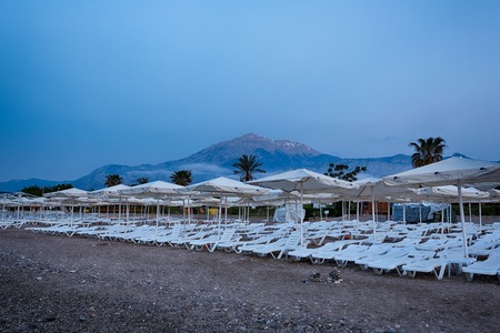 Camyuva, Turkey, May 03 2014: View of the beach chairs at the beginning of the holiday seasonのeditorial素材