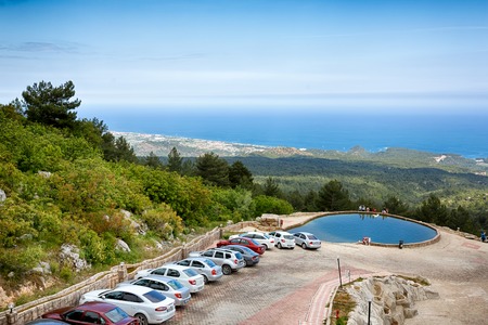 Tahtali mountain, Turkey, May 03 2014: View of the sea and parking from station of cable car of Tahtali mountainのeditorial素材