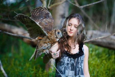 Portrait of beautiful young girl with owl in a forest at summer timeの写真素材