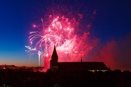 Fireworks over the cathedral on the island of Kant Kaliningrad Russia