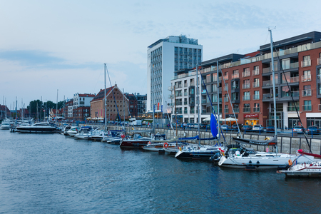 Gdansk, Poland - August 08 2015: View of Motlawa riverside and Marina Club Hotel at the evening timeのeditorial素材