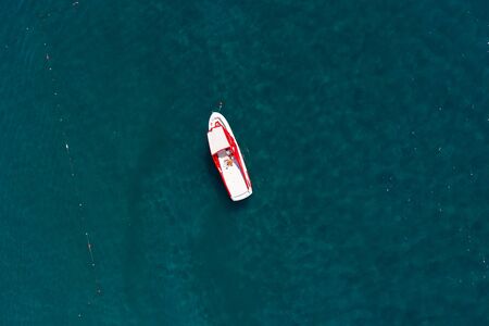 Aerial view of a boat in the Mediterranean Sea in Turkeyの写真素材