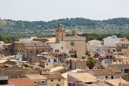 View of the town from balcony of Sanctuary de Sant Salvador in Arta, Mallorcaのeditorial素材