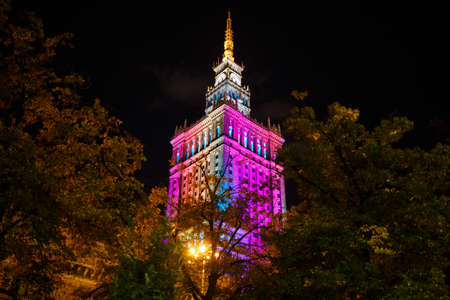 Warsaw, Poland, September 21, 2013: Night view of the Warsaw Palace of Culture and Science, most...