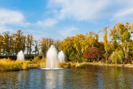 Novi Petrivtsi, Ukraine - October 18 2015: View of the fountain in a park of Mezhyhirya Residence at autumn timeのeditorial素材