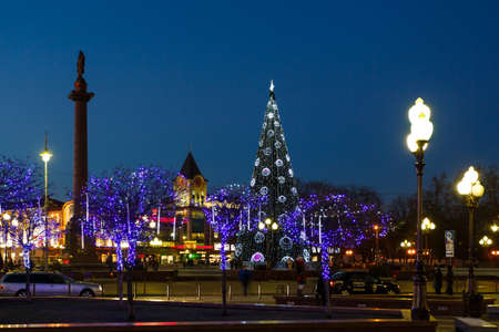 Kaliningrad, Russia - December 30 2015: The Christmas tree on the main square in the evening townのeditorial素材
