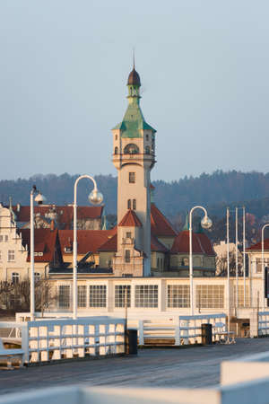 View of the lighthouse from wooden pier in Sopot, Polandの写真素材