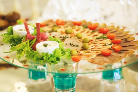 The banquet table with restaurant serving before a wedding banquetの写真素材