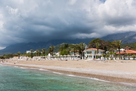 Goynuk, Turkey - May 03 2015: Deserted beach on the Mediterranean coast in little resort town, daytimeのeditorial素材