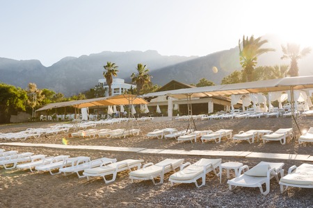 Goynuk, Turkey - May 20 2015: Deserted beach on the Mediterranean coast in little resort town, daytimeのeditorial素材