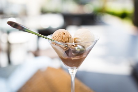 Ice cream in a glass bowl close up