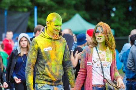 Kaliningrad, Russia - June 12 2016: Young people joyfully celebrate The Festival of Paints during the Day of Russiaのeditorial素材