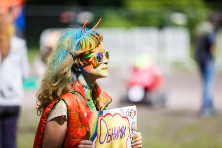 Kaliningrad, Russia - June 12 2016: Young people joyfully celebrate The Festival of Paints during the Day of Russiaのeditorial素材