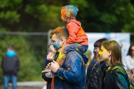 Kaliningrad, Russia - June 12 2016: Young people joyfully celebrate The Festival of Paints during the Day of Russiaのeditorial素材
