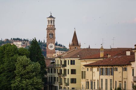 Verona, Italy - May 07 2016: View of the tower of Lamberti at evening timeのeditorial素材