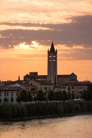 Verona, Italy - May 07 2016: The tower of San Zeno Basilica at sunset timeのeditorial素材
