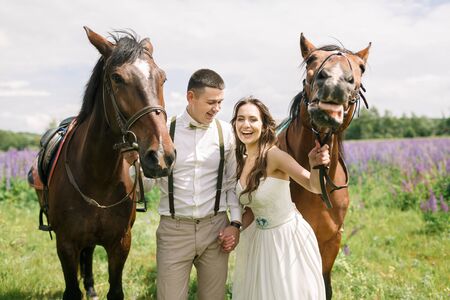 Happy wedding couple standing with horses on a field of lupineの写真素材