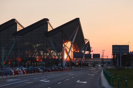 Gdansk, Poland, May 09 2016: Modern building of Lech Valesa airport in Gdansk at sunset timeのeditorial素材