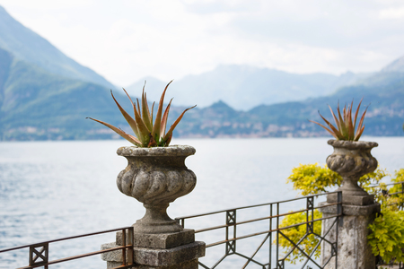 Flower beds on the shores of Lake Como in Varenna, Italyの写真素材