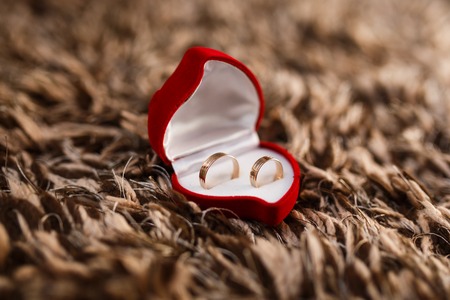 The golden rings in a box on a wool surfaceの写真素材