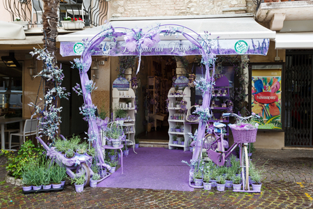 Sirmione, Italy - May 09 2016: Lavender wedding arch in the gift shop of the cityのeditorial素材