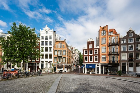 Amsterdam, Netherlands - July 03 2016: The traditional Dutch houses on Singel street, morning timeのeditorial素材
