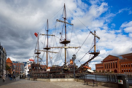Gdansk, Poland - October 04 2016: Old wooden ship moored to the jetty of the old city, autumn timeのeditorial素材